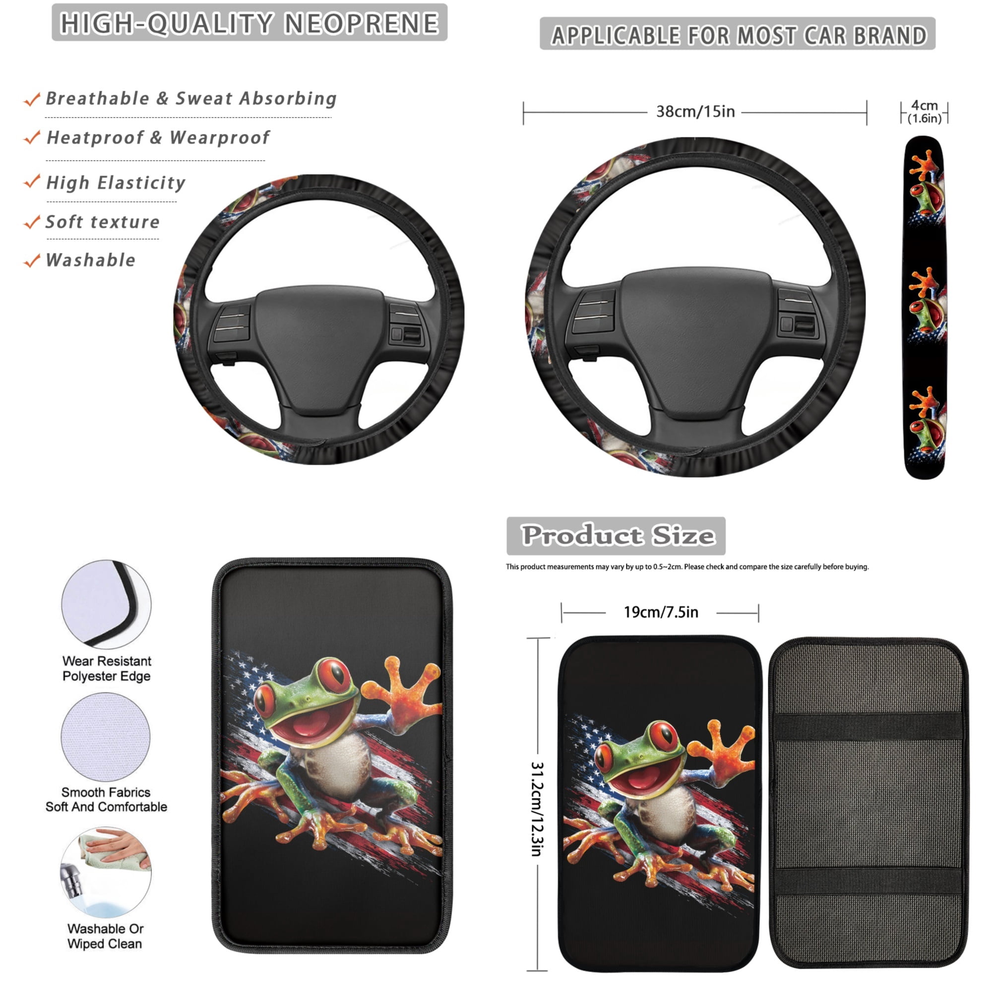Jeiento Frog 13 Pcs Auto Seat Cover Sets Steering Wheel Cover Seatbelt Pad Universal Armrest Cover Pad Cup Holders American Flag Keychain Chapstick Holder for SUV Van Sedan Truck 4Th of July Decor