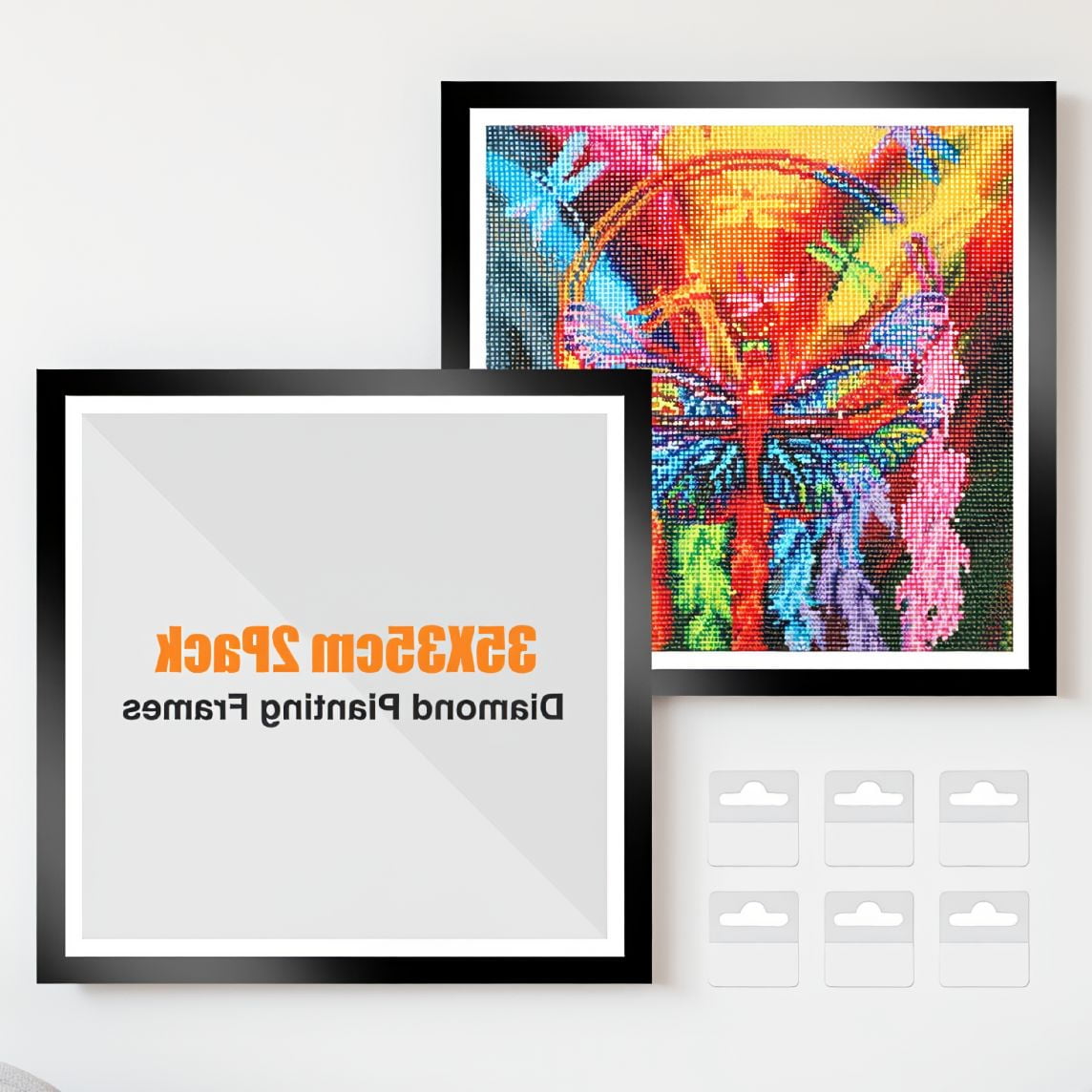 2 Pack Magnetic Painting Frames for 35x35cm Canvas, Self-Adhesive Art Frame with Hooks for Window Door Decor, Black
