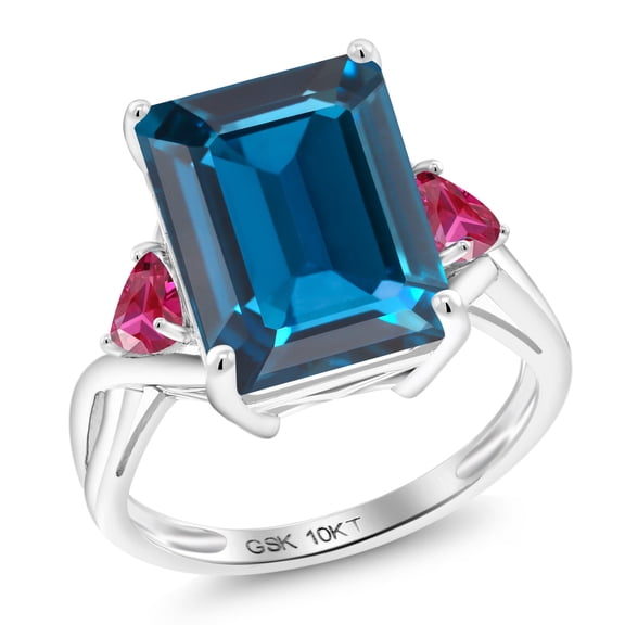 Gem Stone King 10K White Gold London Blue Topaz and Red Created Ruby 3 Stone Engagement Ring for Women (10.04 Cttw, Emerald Cut 14X10MM, Trillion 4MM, Size 8)
