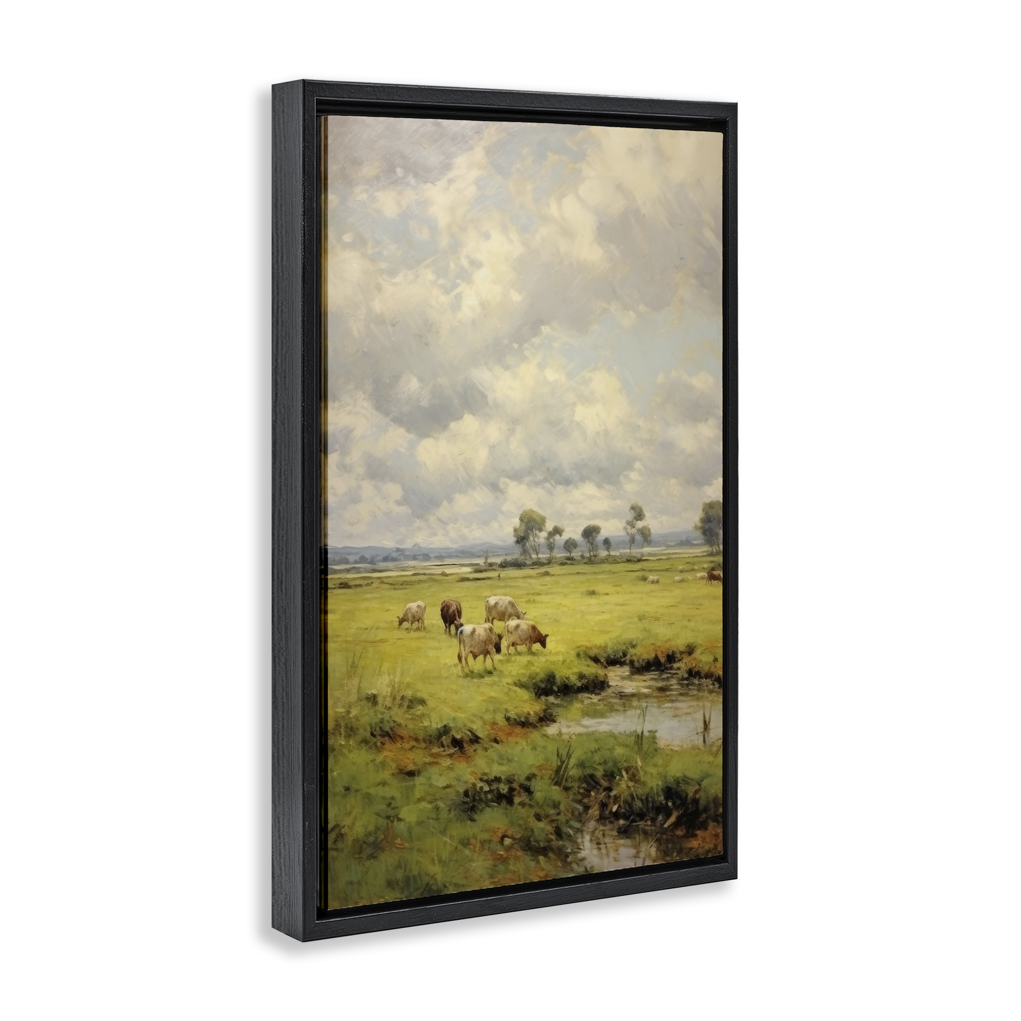 Stupell Industries Grazing Cows Countryside Landscape Painting Black Floater Framed Canvas Art Print Wall Art, 17 x 25