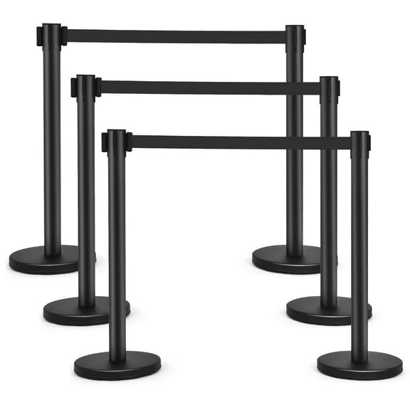 Costway 6Pcs Black Stanchion Posts Queue Pole Retractable Belt Crowd Control Barrier