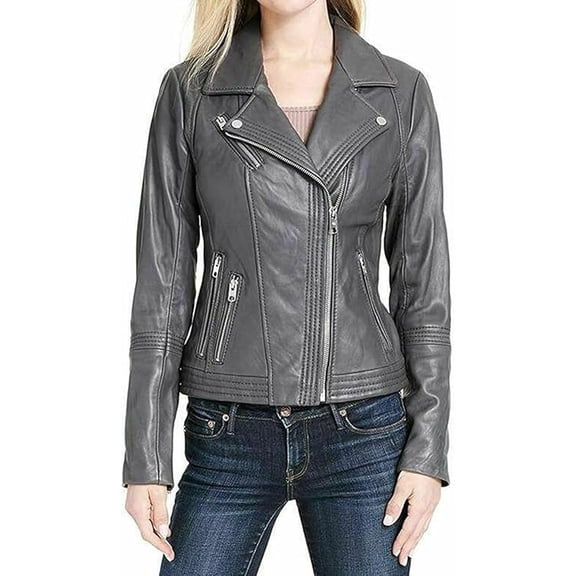 Women's Genuine Gray Lambskin Leather Collared Jacket Motorcycle Slim Fit Biker Jacket W371