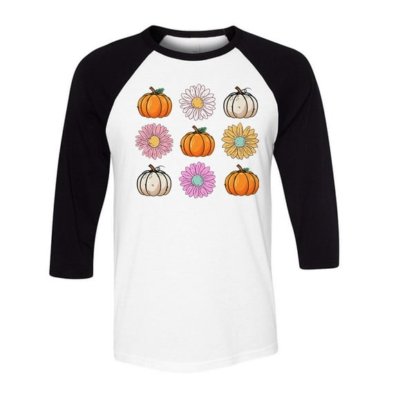 Fall Pumpkins and Flowers Three-Quarter Raglan Sleeve Baseball Shirt Unisex X-Large White/Black