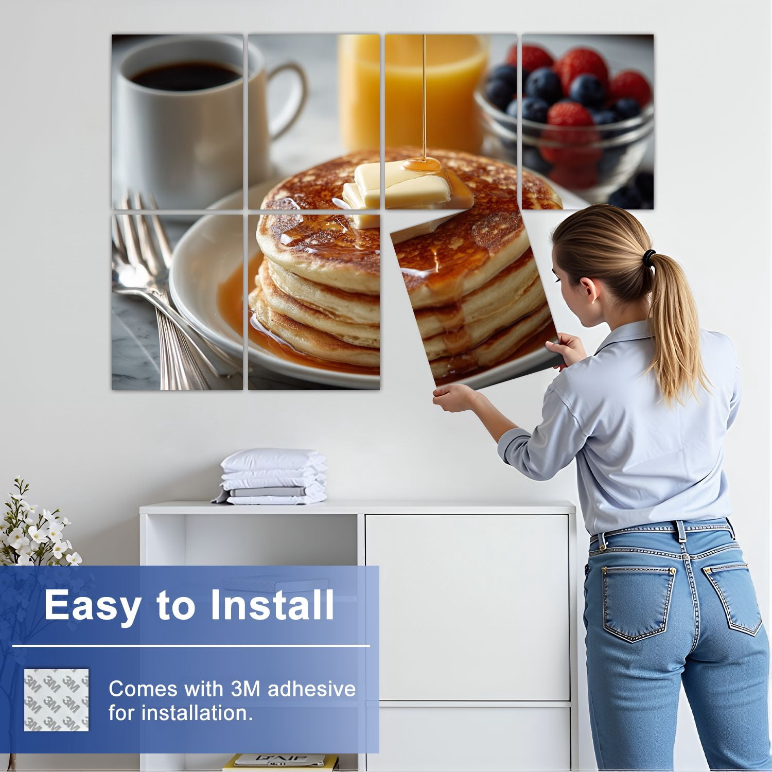 8 Pack Art Acoustic Panels Sound Absorbing Breakfast pancakes fresh fruit coffee orange juice Pancake Decorative Soundproof Wall Panels Self Adhesive for Nursery Game Room Bedroom 48"x32"
