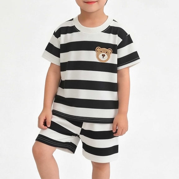 ITSAME Boys Summer Outfit 2-Piece Striped Crewneck Short Sleeve Top and Shorts Kids Loose Casual Set Brown Size 7