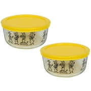 Pyrex (2) 7201 4-Cup Day of the Dead Skeletons Glass Dish & (2) 7201-PC Yellow Plastic Lid Set (2-Pack)