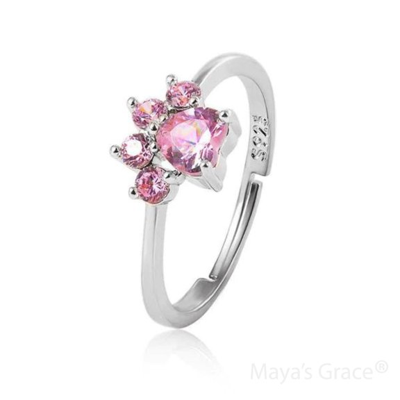 Maya's Grace Adjustable Crystal Zircon Paw Print Ring for Women - Silver