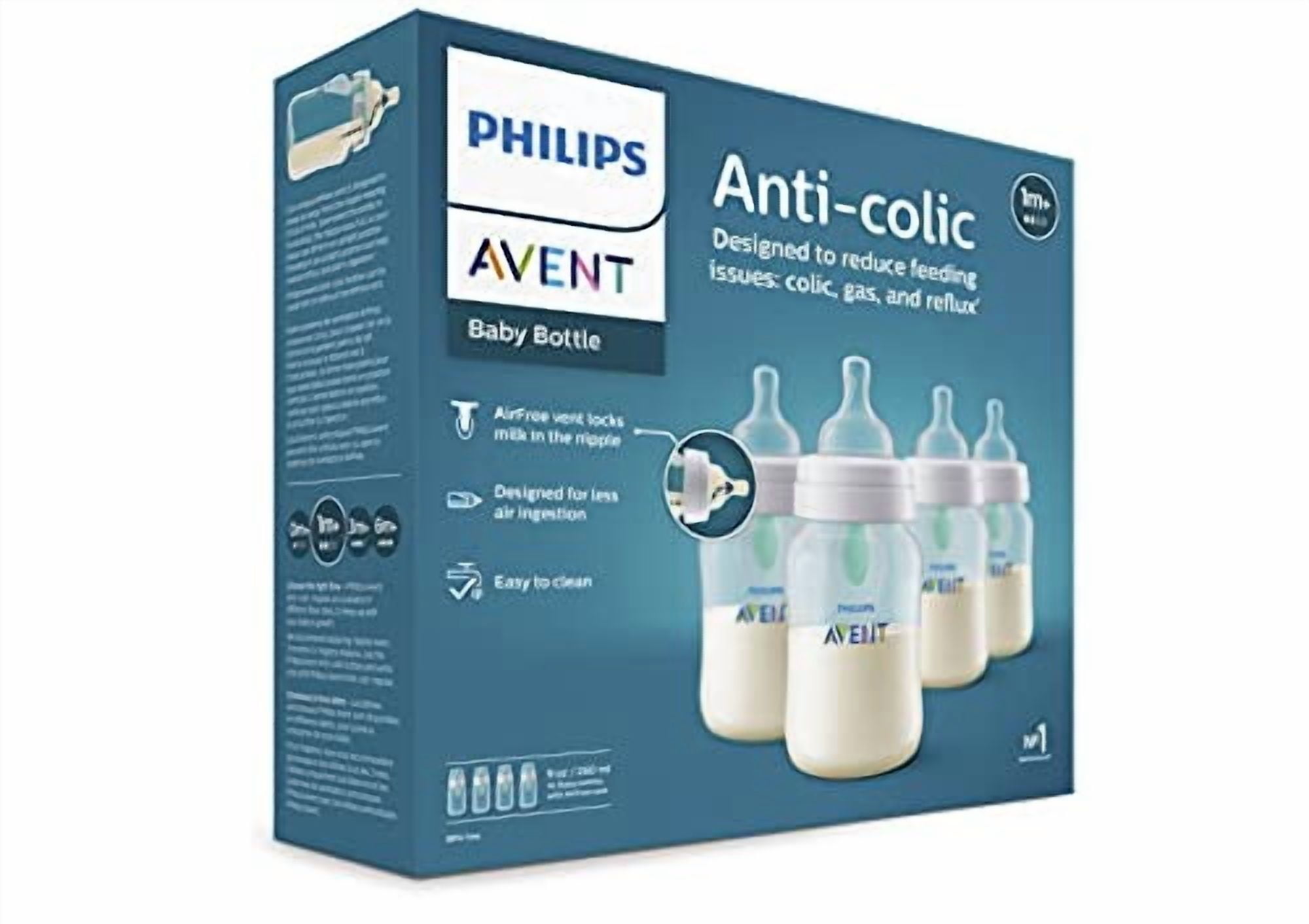 Philips Avent Anti-Colic Baby Bottle with AirFree Vent, 9oz, with Flow 2 Nipples, 1m+, 4pk, Clear, SCY703/04