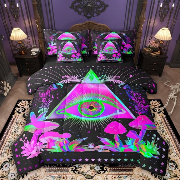 Feelyou Fuchsia Mushroom Twin Bedding Sets 7-Piece, Mystic Eye Print Bedding Comforter Set