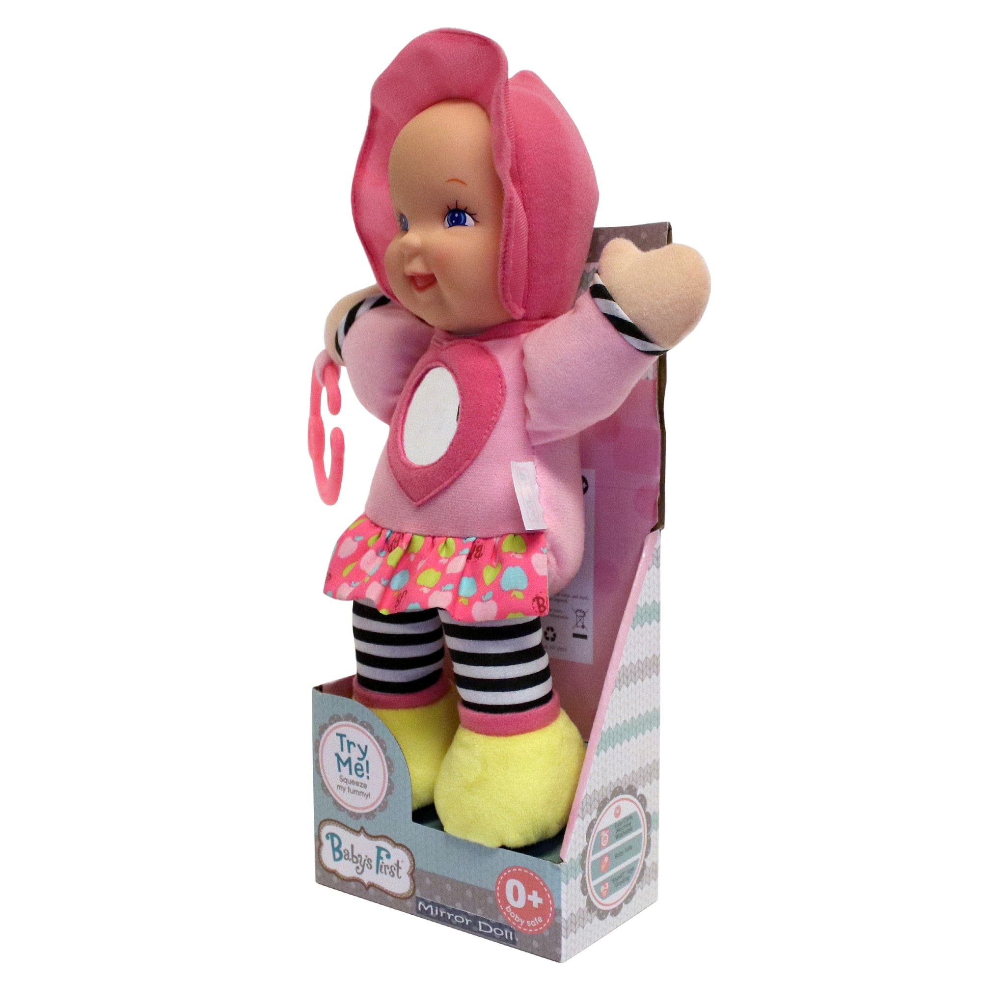Baby's First: Mirror Doll - Pink - Vibrant Outfit w/ Chest Heart-Shaped Shiny Mirror, Attachable C-Ring, Soft & Cuddly Toy, Baby-Kids-Toddlers 3 Mo+