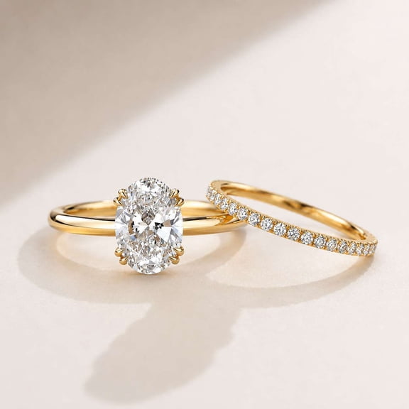vylahjewellery Oval Cut Bridal Ring Set with Pave Diamond Band, Moissanite Wedding Ring Set for Her, Engagement Ring, 14K Yellow Gold Vermeil Rings