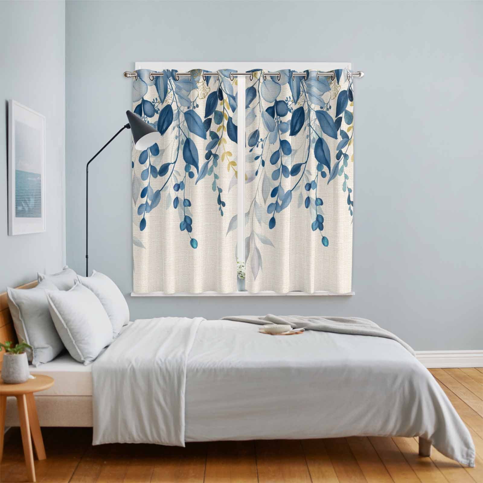 Curtains 63 Inch Length 2 Panels, Blue Eucalyptus Grommets Window Treatment Curtain, Farmhouse Weeping Leaves Linen Thermal Curtains Drapes for Living Room/Bathroom