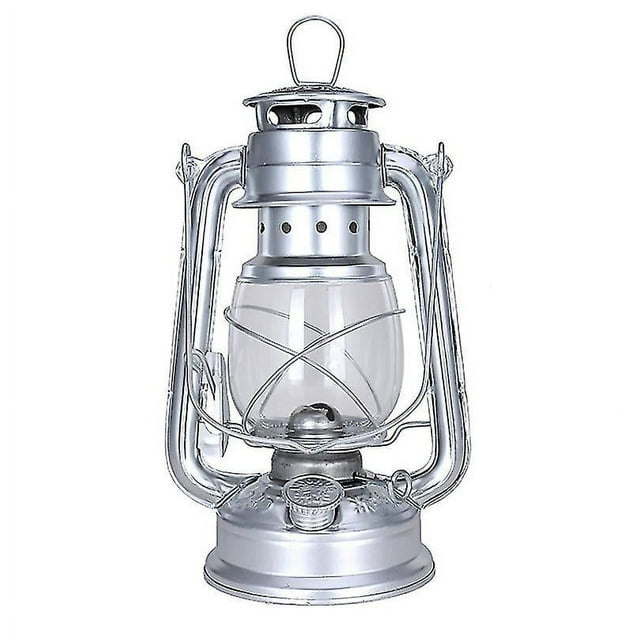 Lámpara de queroseno retro de 25 cm para acampar, lámpara colgante decorativa para el hogar, color plateado
