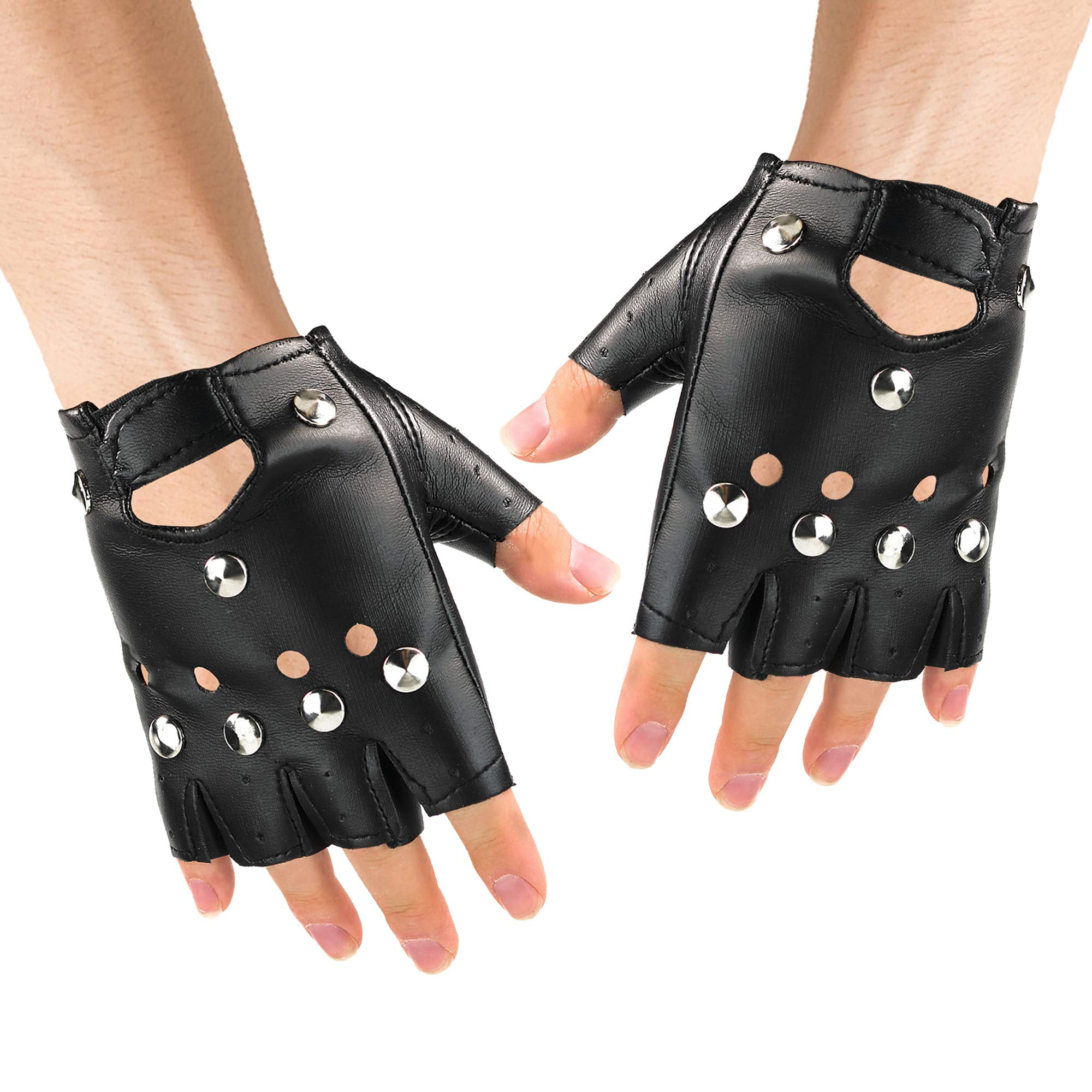 1 Pair Mens Faux Leather Punk Goth Half Finger Hook Loop Gloves Mittens Costume 