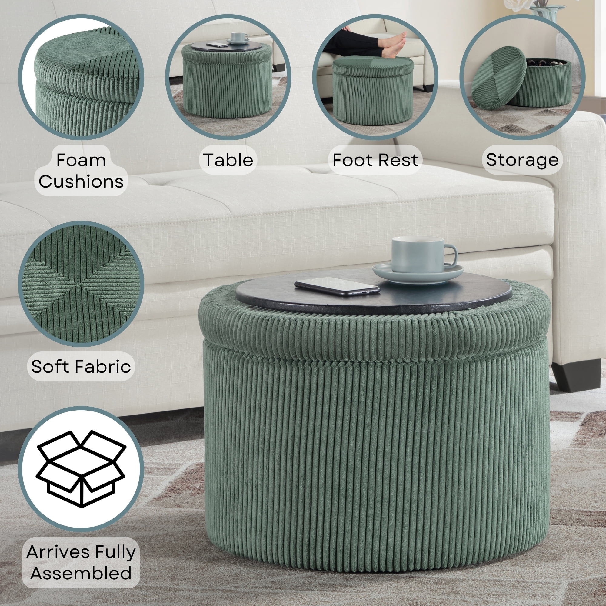 Convenience Concepts Designs4Comfort Round Corduroy Shoe Storage Ottoman with Reversible Tray Table Lid, Dark Sage Green