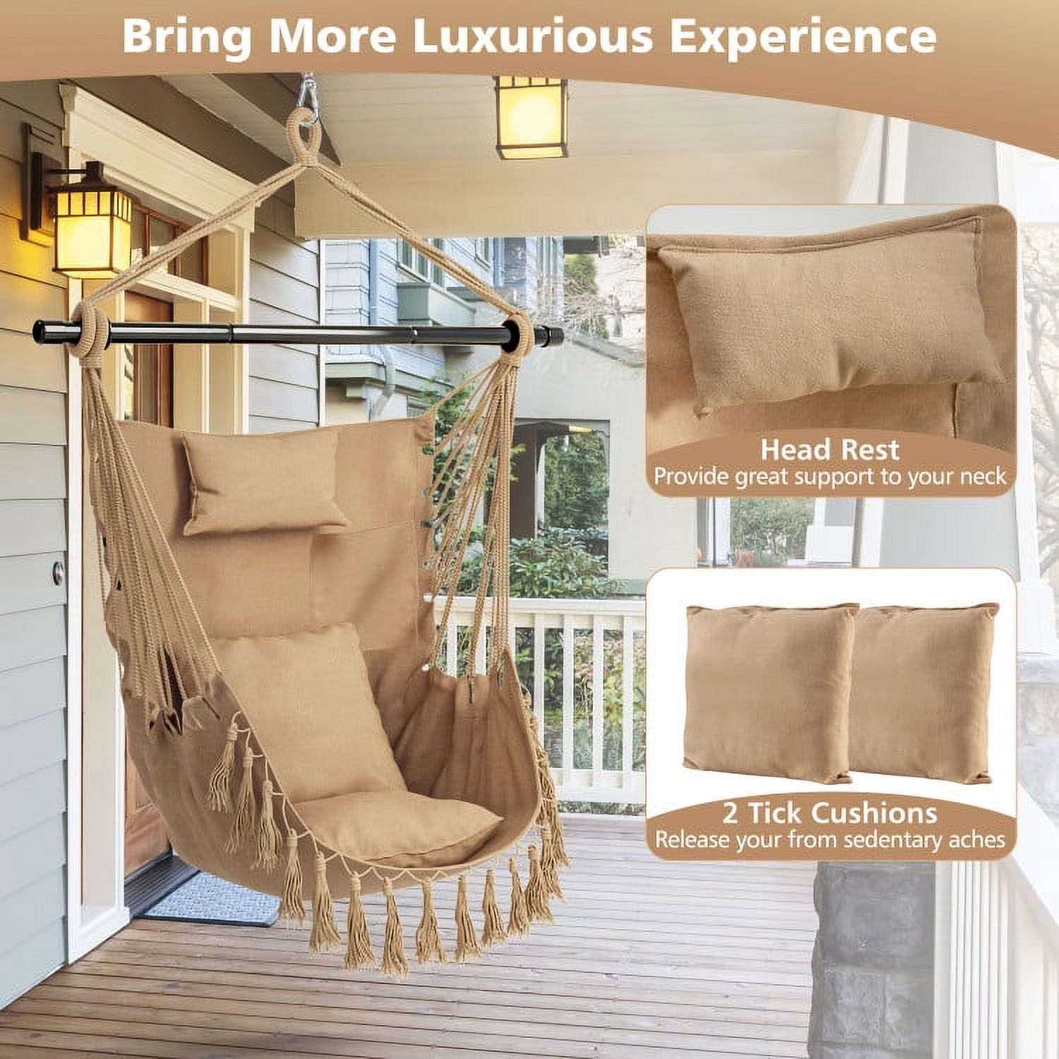 Aimee Lii Hanging Rope Swing Chair with Soft Pillow and Cushions, Comfy Outdoor Chair, Beige