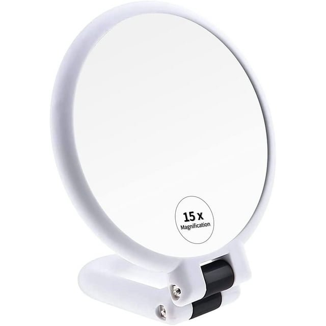 1x 15x Magnifying Handheld Mirror, Double Sided Pedestal Magnification and True Image Makeup Mirror, Compact Size and Portable Vanity Cosmetic Mirror for Girl, 9.3" L x 1.9" W