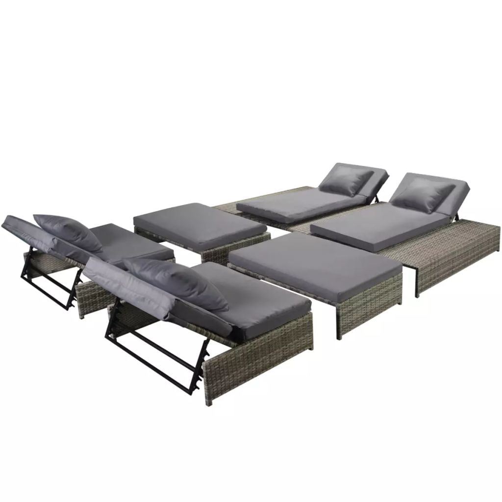 Kepooman 6 Pcs Patio Adjustable Double Sun Lounger Set with 2 Footstools, Grey Kepooman 6 Pcs Patio Adjustable Double Sun Lounger Set with 2 Footstools, Grey
