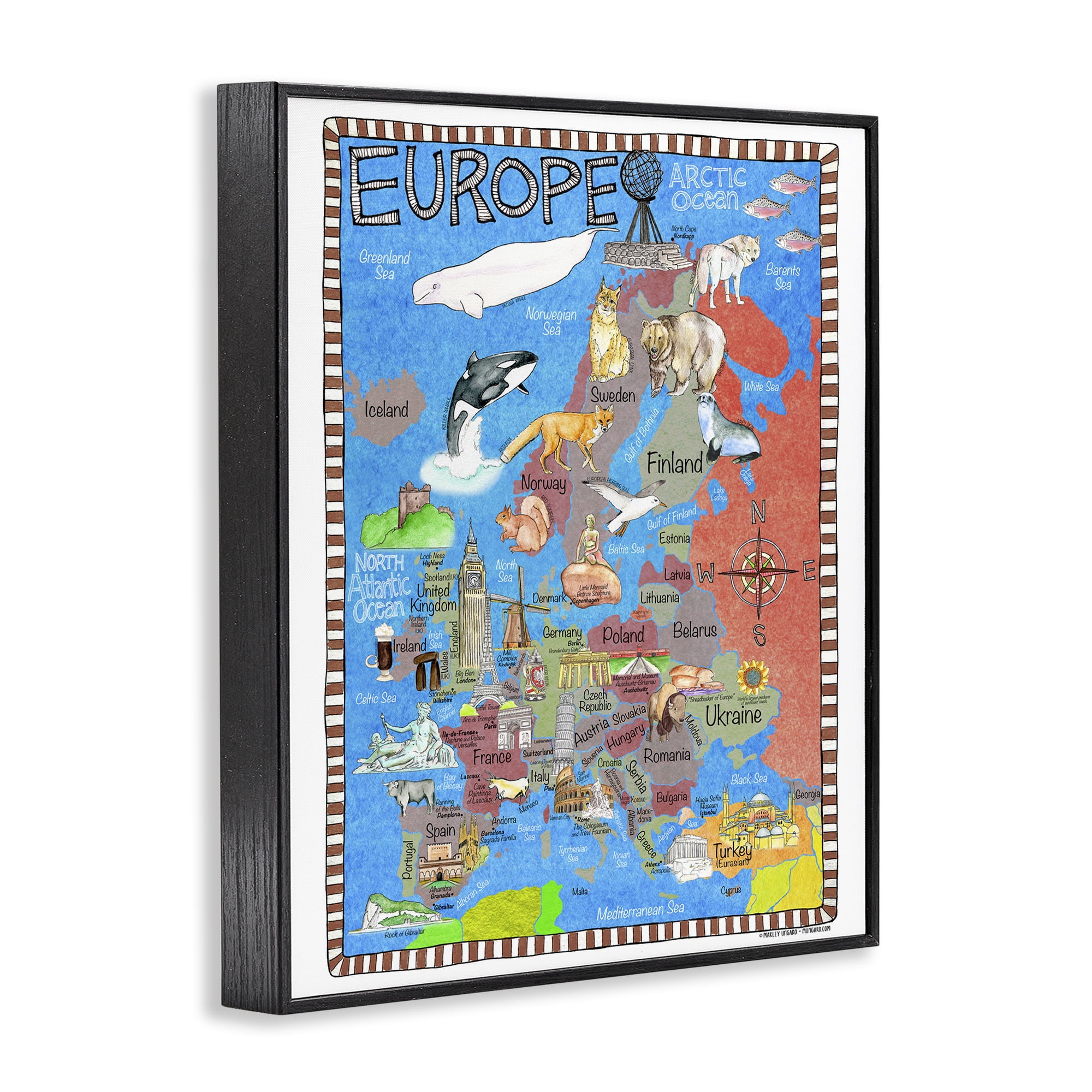 Stupell Industries Europe Animal Map Travel & Places Painting Black Framed Art Print Wall Art, 24 x 30