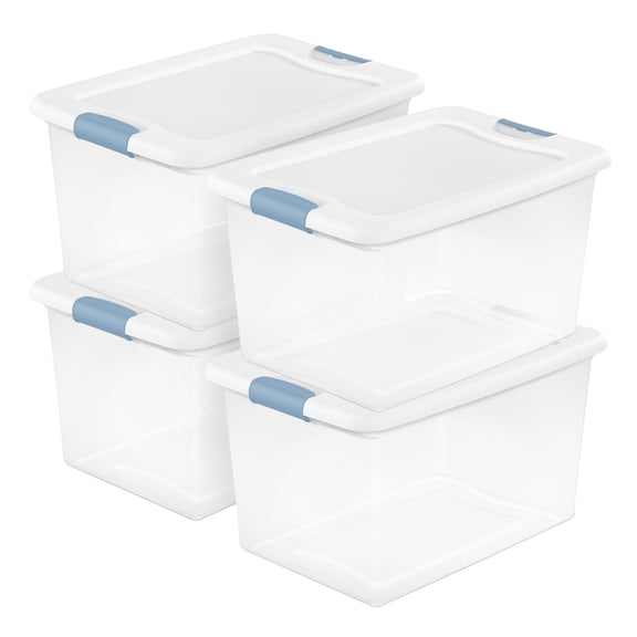 Sterilite 64 Qt. Latching Box, Clear Plastic Storage Organizer Bins, White Lid, 4 Pack