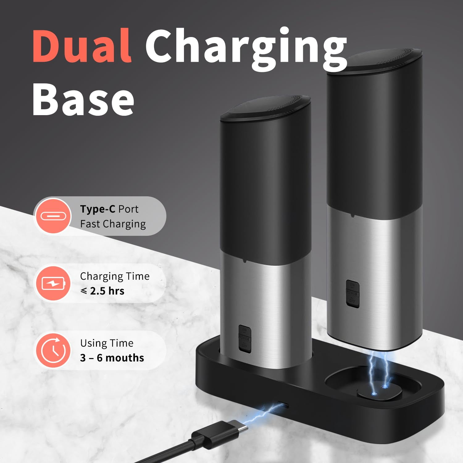 Gravity Rechargeable Electric Salt and Pepper Grinder Set, Stainless Steel, with LED Light, Dust Lids, Adjustable Coarseness, USB Charging Base