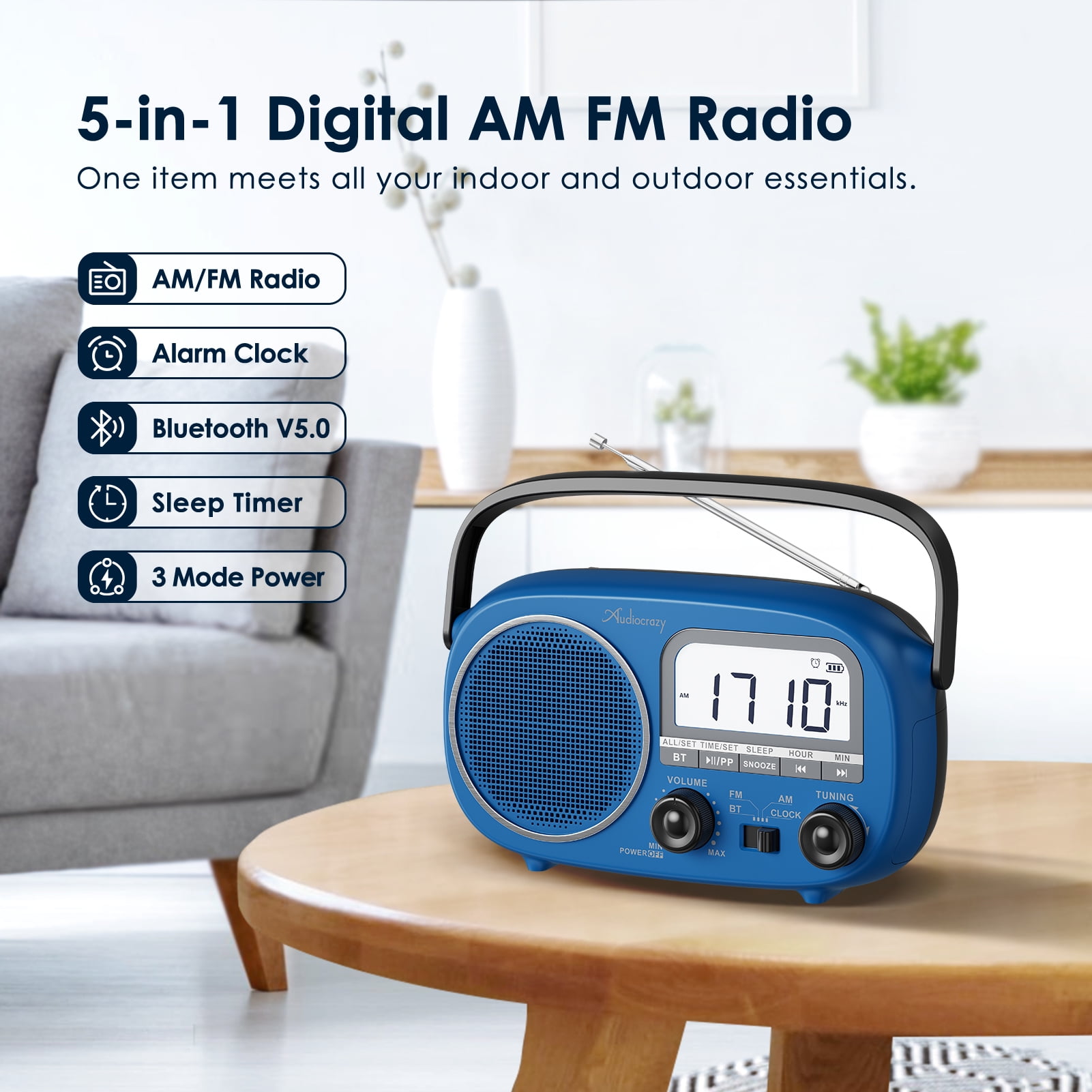 Portable AM FM Rechargeable Radio with Best Reception, Digital Time/Station Display,AC Power or Battery Power Radio with Bluetooth Speaker for Home/Kitchen/Outdoor Blue