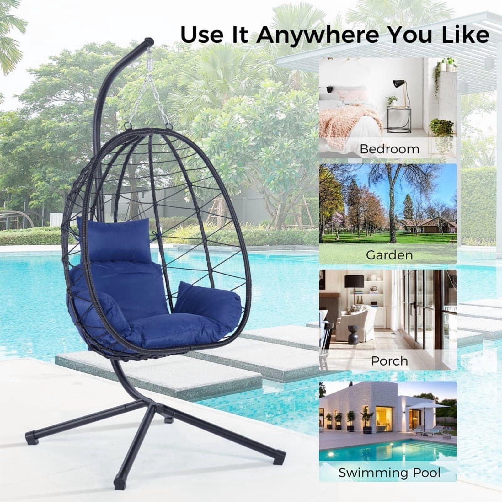 Hanging Egg Chair with Stand, Outdoorn Wicker Egg Swing Chair with Cushion, Heavy Duty Patio Hammock Chairs for Garden Backyard Balcony Bedroom