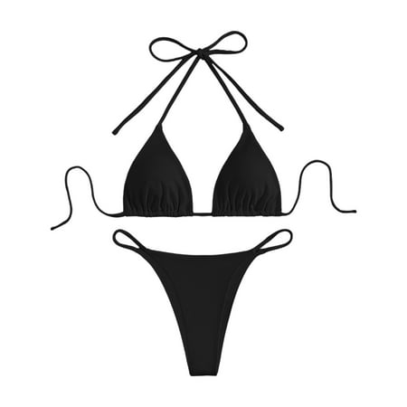Jdkau Bikini Sets for Women Two Piece Triangle Bikini Set Sexy High Waisted Cheeky Swimsuit Halter Tie Back Bathing SuitsBlack L