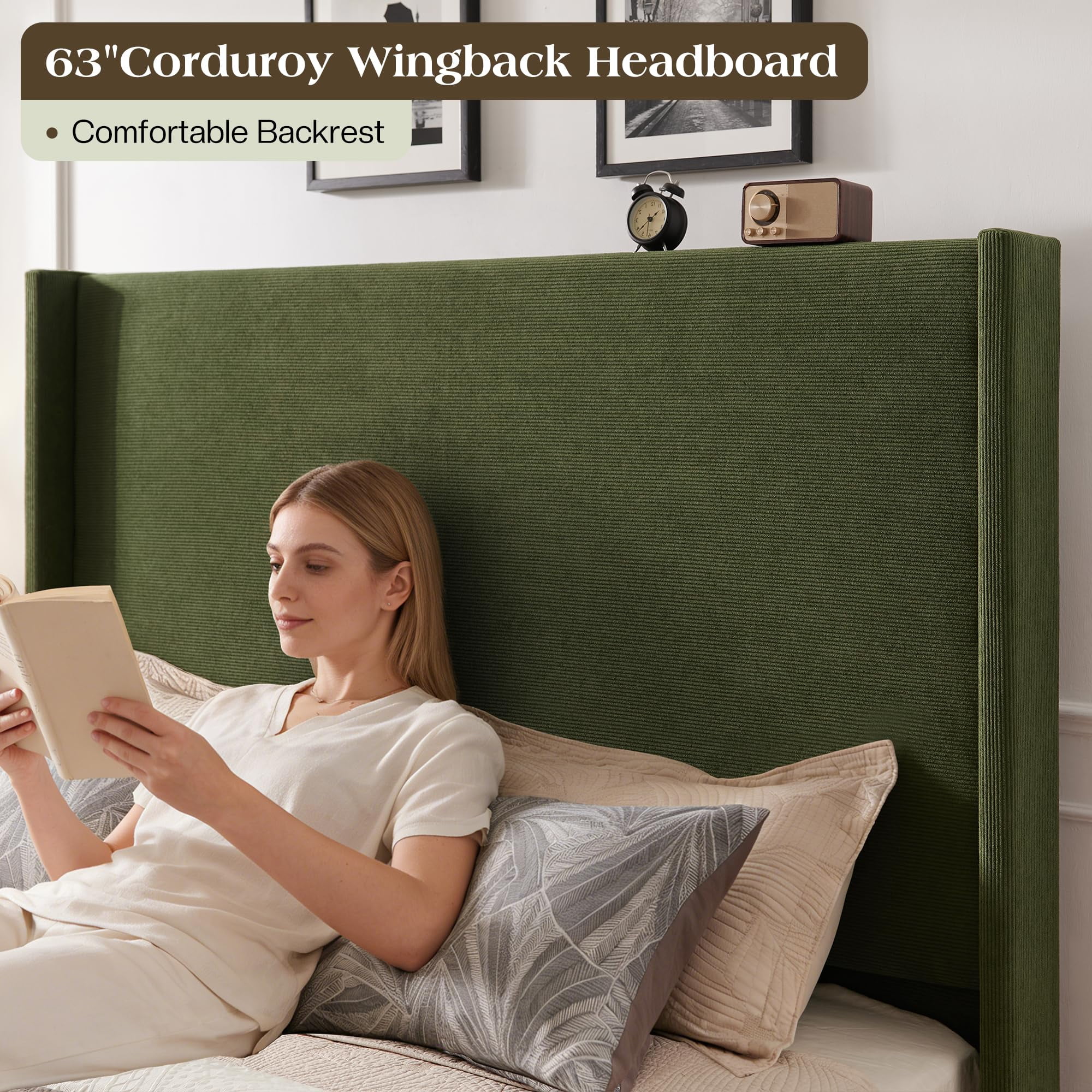 VanAcc Queen Bed Frame with 63" Tall Headboard, Horizontal Fine Corduroy Bed Frame with Upholstered Wingback, Vintage Solid Wood Gourd Legs, Green