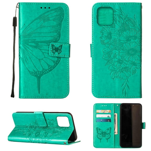 Dteck iPhone 13 mini Case, Butterfly Patterned Wallet Case, Magnetic Hand Strap Credit Card Holder Slots Synthetic Leather Kickstand Protective Cover For iPhone 13 Mini, Green