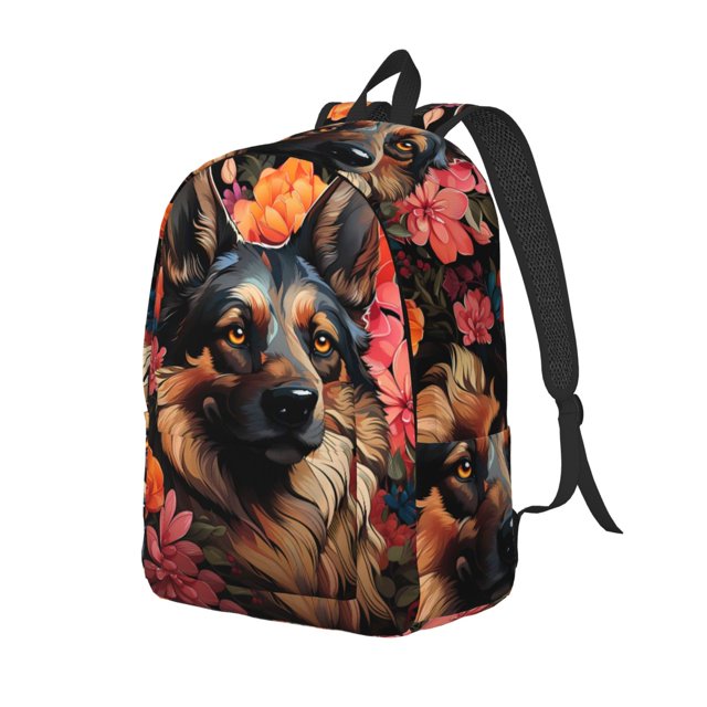 Disketp Colorful Flower German Shepherd Mochila de Lona Estampada, Mochila Escolar de Viaje Ligera para Estudiantes y Portátil-Small
