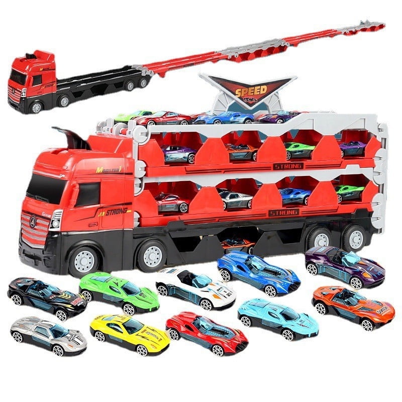 Mega Hauler Truck with Ejection Race Track,Toys for Boys Big Truck Folding Storage Transporter
