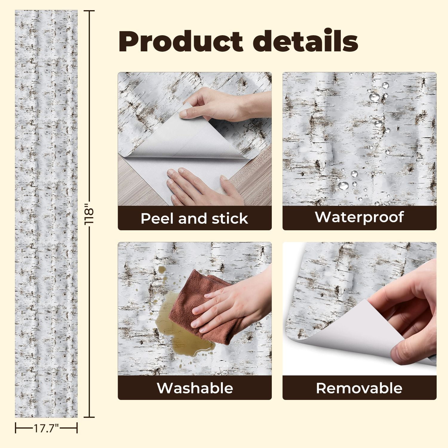 Peel and Stick Wallpaper 17.7in x 9.8ft Rustic Forest White Birch Tree Bark Natural Rustic Details Contact Paper Vinyl Waterproof Self Adhesive Wall Paper for Bedroom Shelf Cabinet Renter Friendly