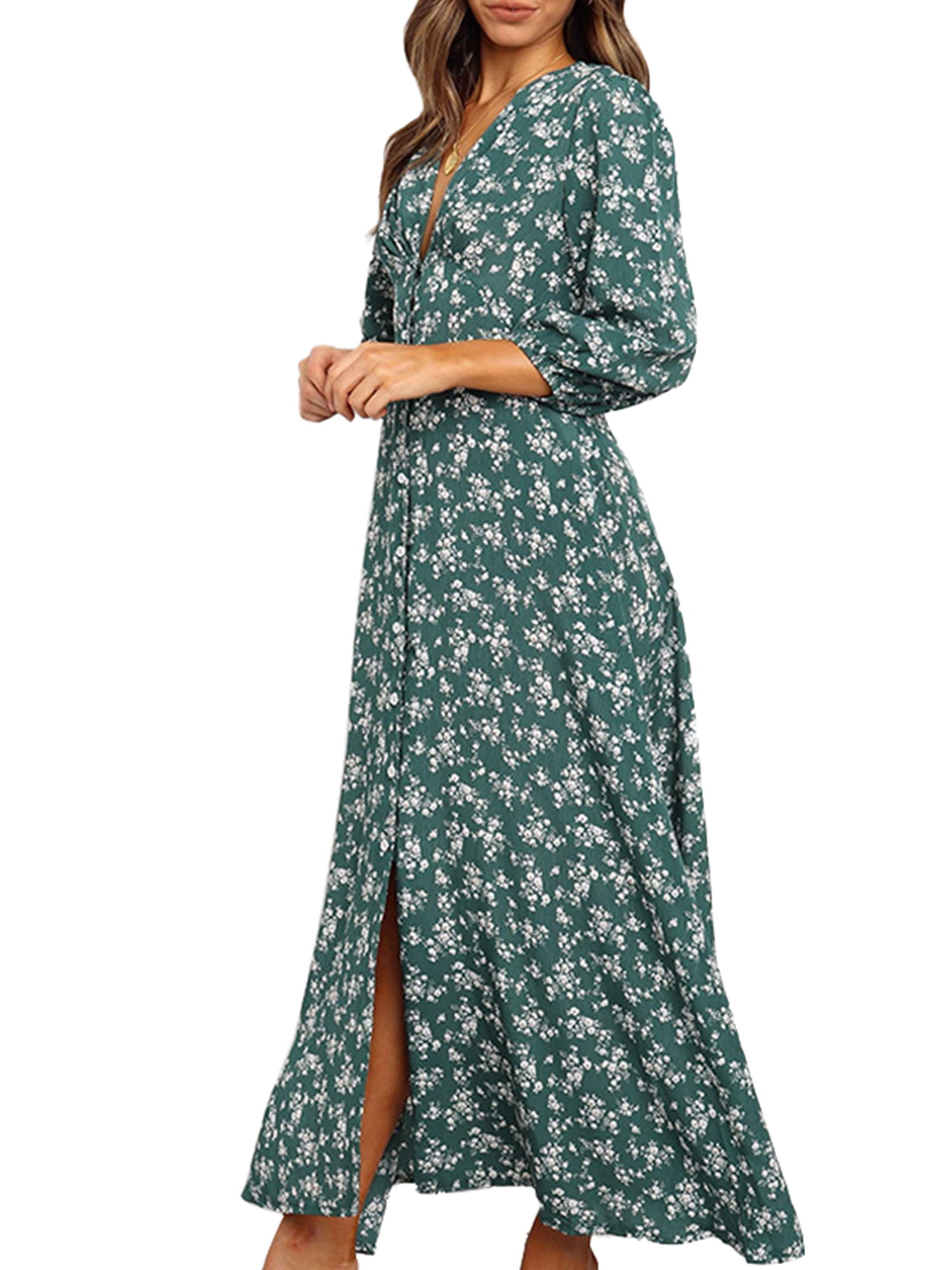Womens Long Sleeves Button Up Floral Print Flowy Party Maxi Shirt Dress