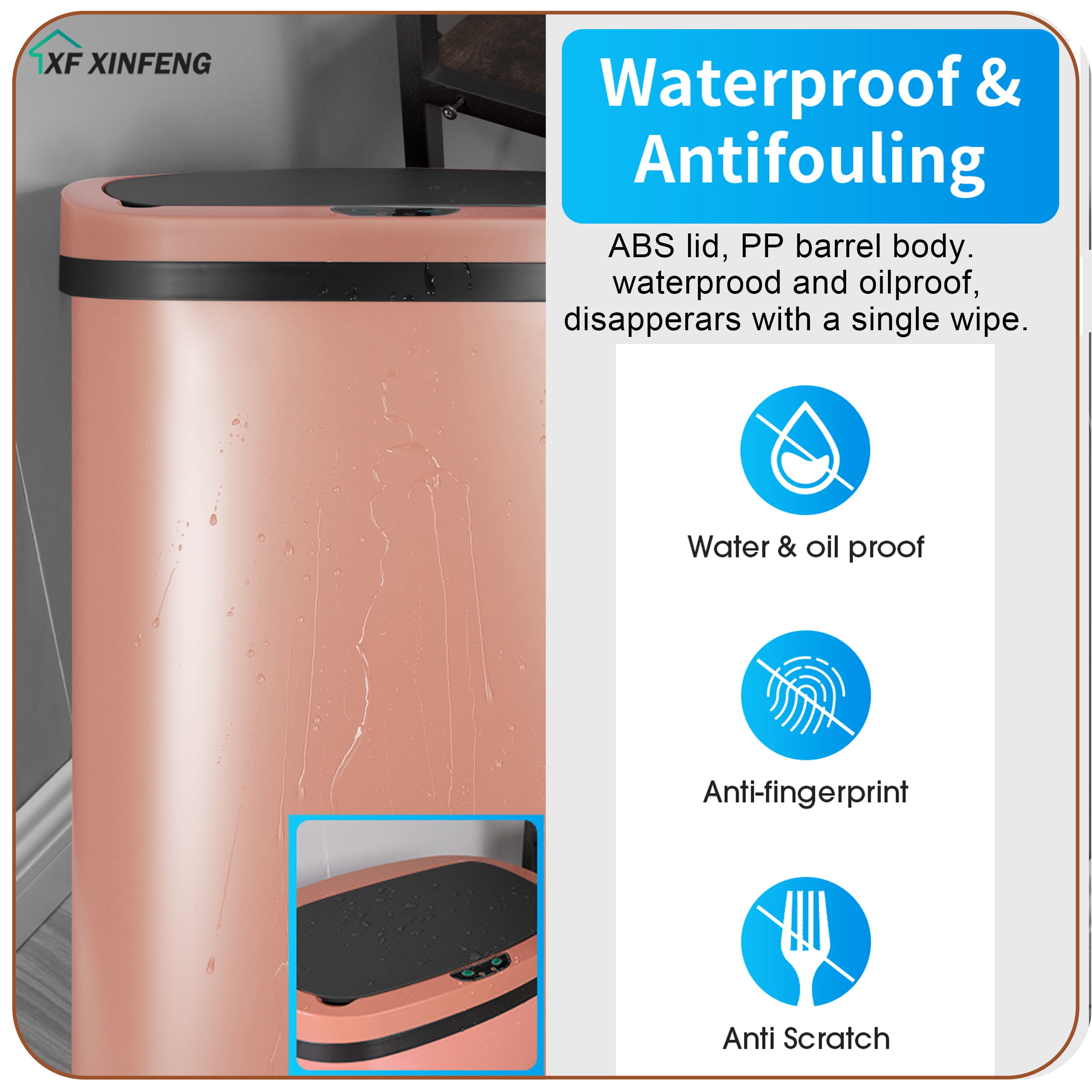 XF XINFENG 13 Gallon 49 L Dustbin Kitchen Trash Can with Lid Automatic Sensor Touch Bin, Garbage Can, Waste Bin, For Bathroom/Double Bed/Bedroom/Home/Office, Pink