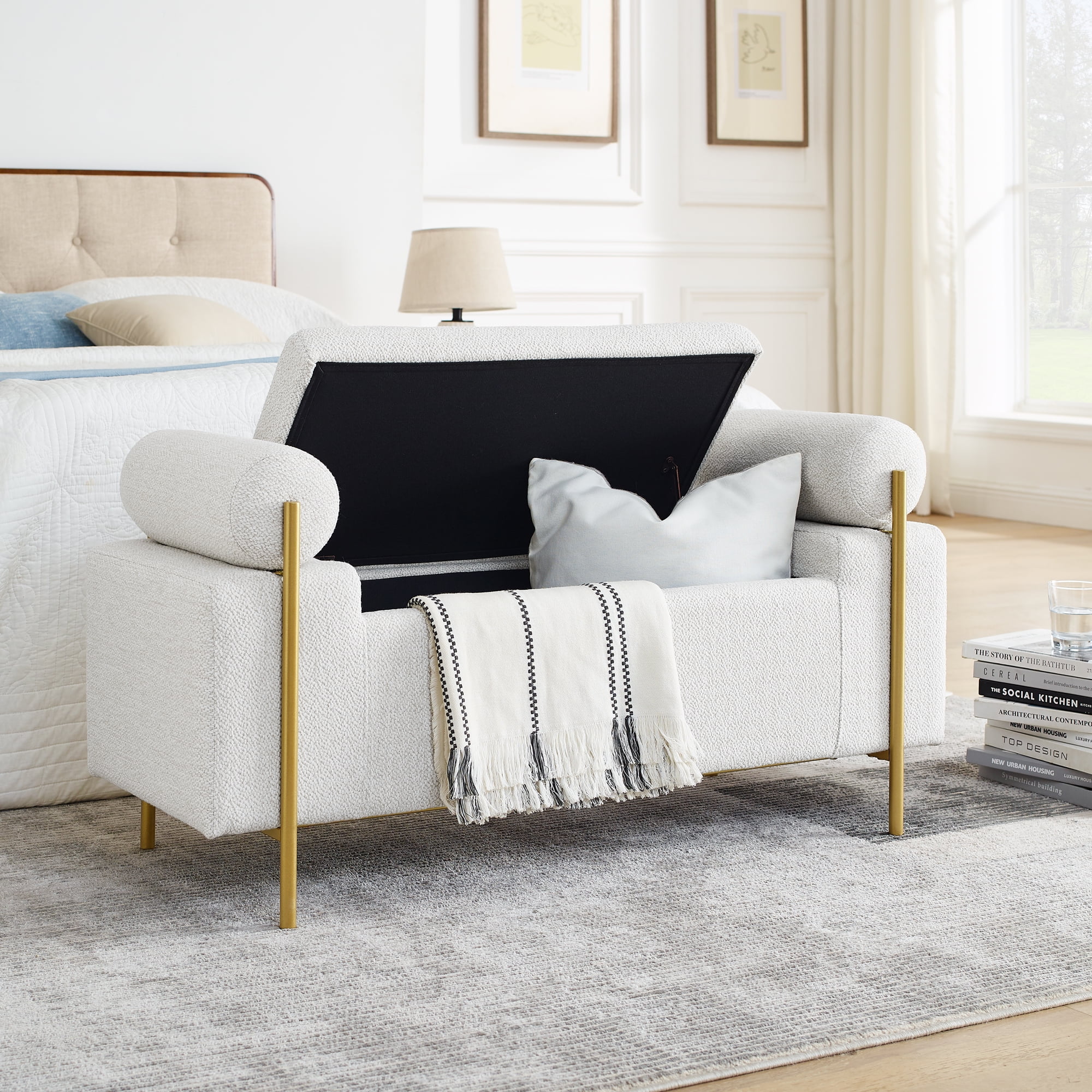 Gewnee Multifunctional Storage Bench - Soft Linen Cushion, Sturdy Iron Legs, White - Ideal for Window Seats & Ottomans