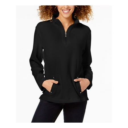 KAREN SCOTT SPORT Womens Black Pocketed Stand Collar Long Sleeve Zip Neck Top Petites PXL