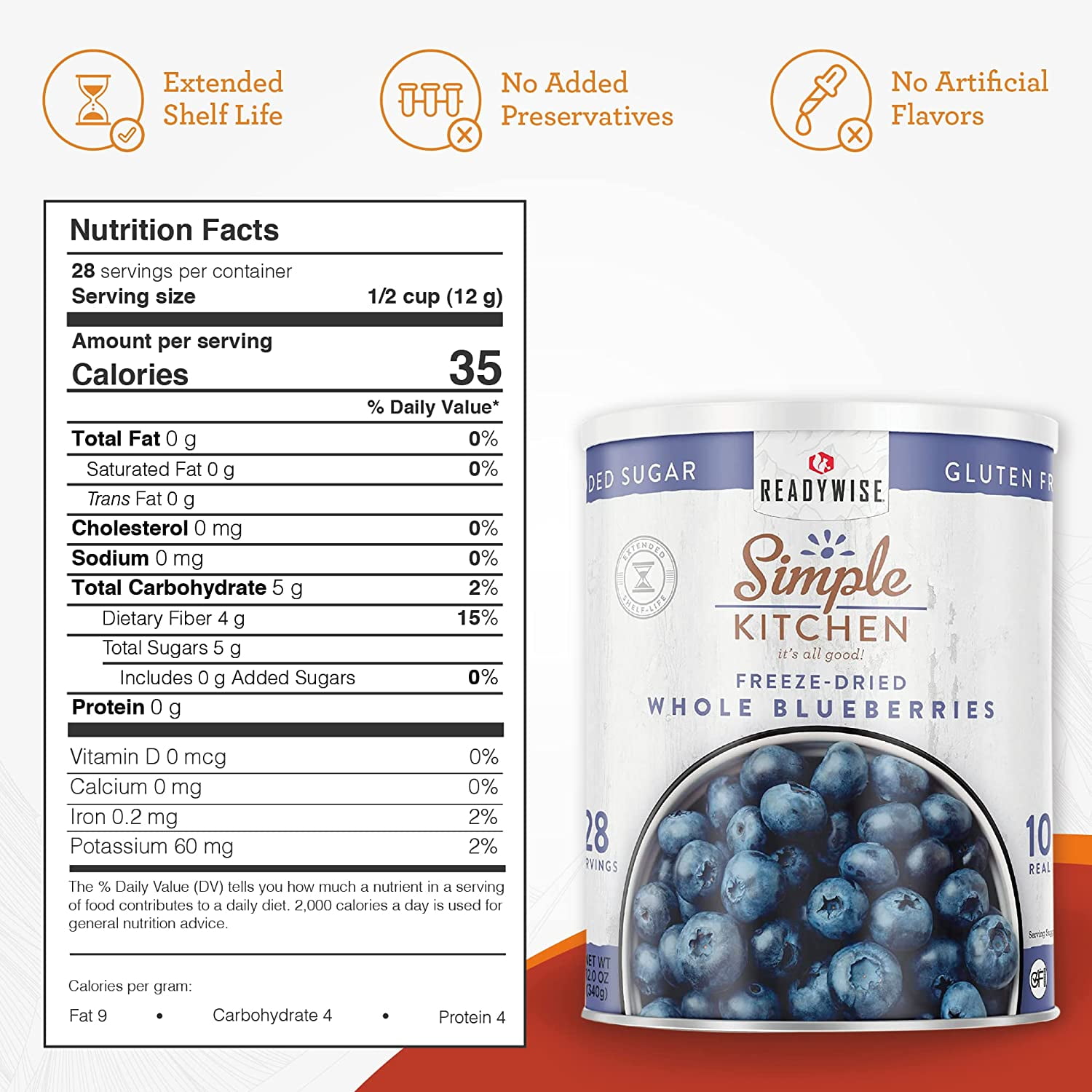 ReadyWise Dehydrated Blueberries for Smoothies & Snacks, 28 Servings