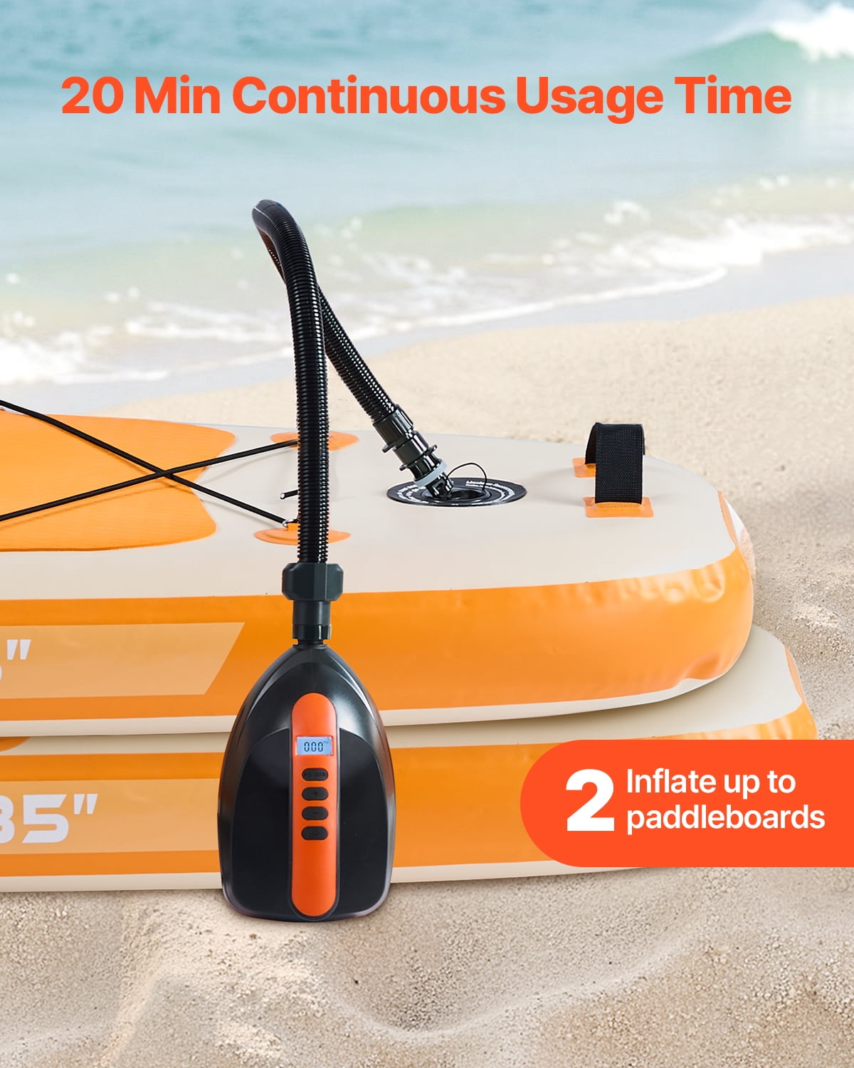 VEVOR Paddle Board Pump, 20PSI High Pressure Electric SUP Air Pump, 70 L/Min Inflating Speed SUP Inflator with Auto-Off and 12V DC Car Connector, Ideal for Inflatable Paddle Board, Tent and Mattress