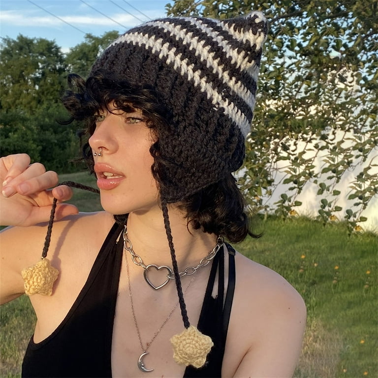 Distressed Knitted Cat Beanie for Women Men Vintage Crochet