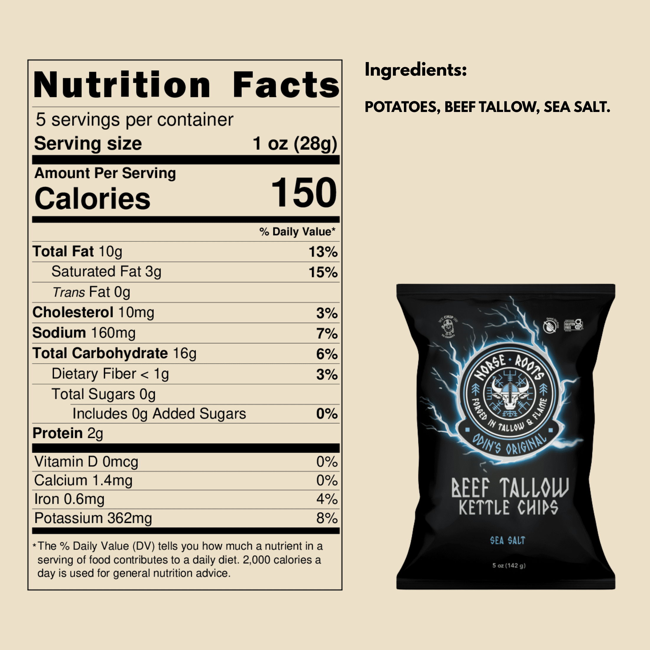 Norse Roots Beef Tallow Kettle Chips – Odin's Original (Sea Salt) – Seed Oil Free, Gluten Free, 6 Pack, 5 oz Bags