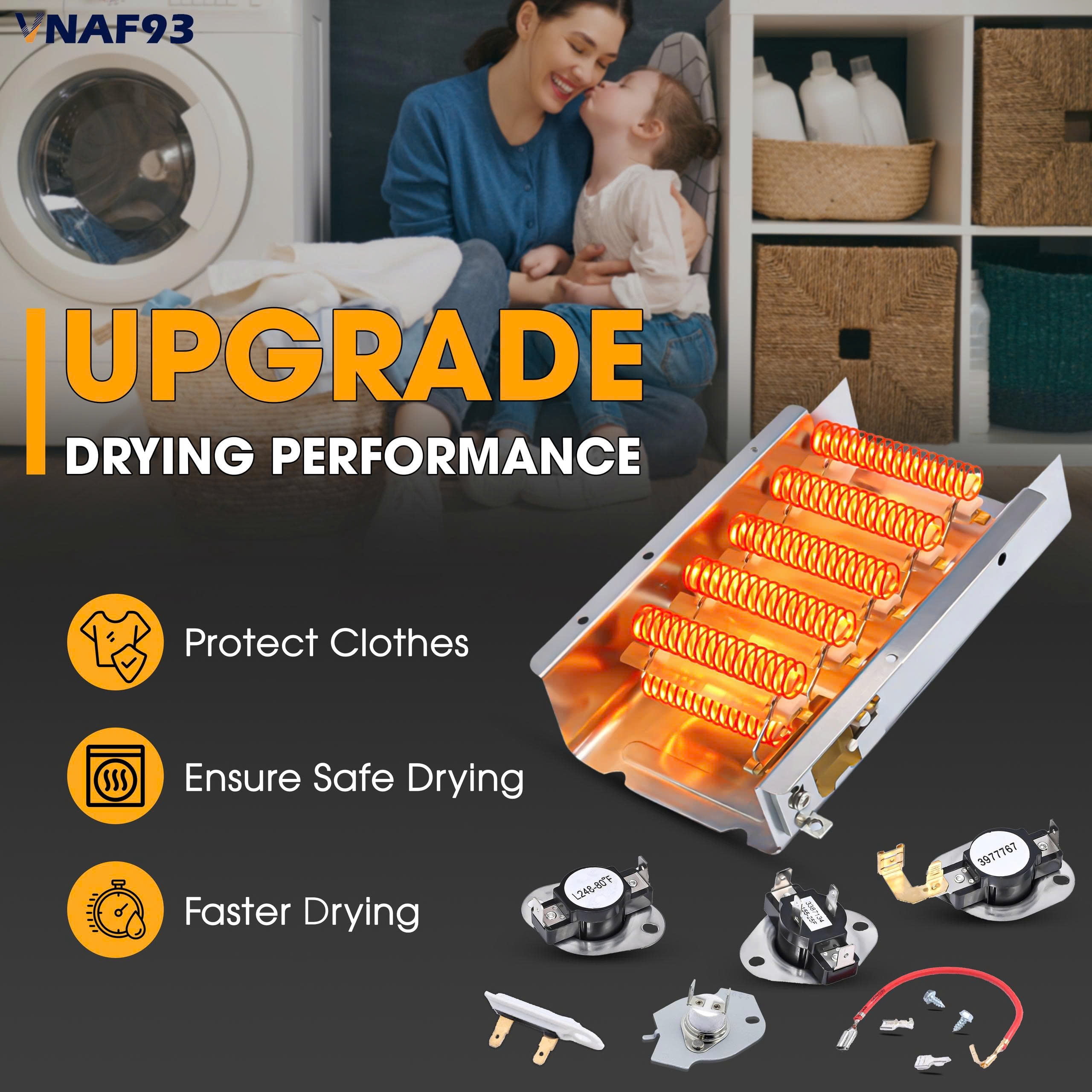 VNAF93 Upgraded Dryer Heating Element for Amana NED4655EW1 WED4815EW1 , Roper REX4635EW1 and Kenmore 70 80 Series Model 110 with Thermostat Kit Fuse