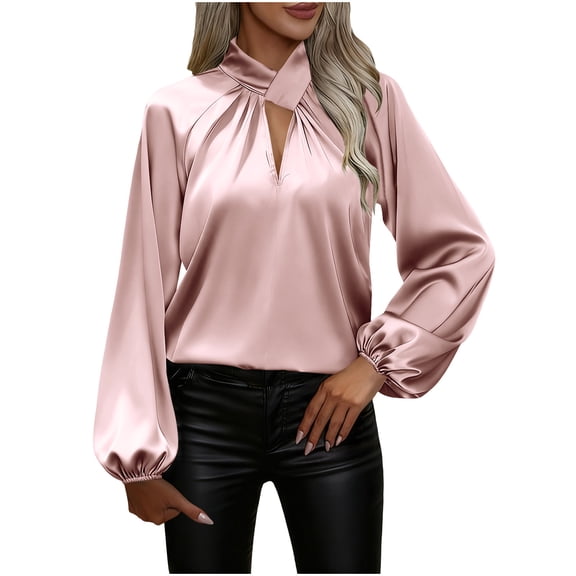 VBVC Women's Satin Collared Top,Ladies Long Lantern Sleeve Blouse,Dressy Business Shirt For Women,Pink,Size XL