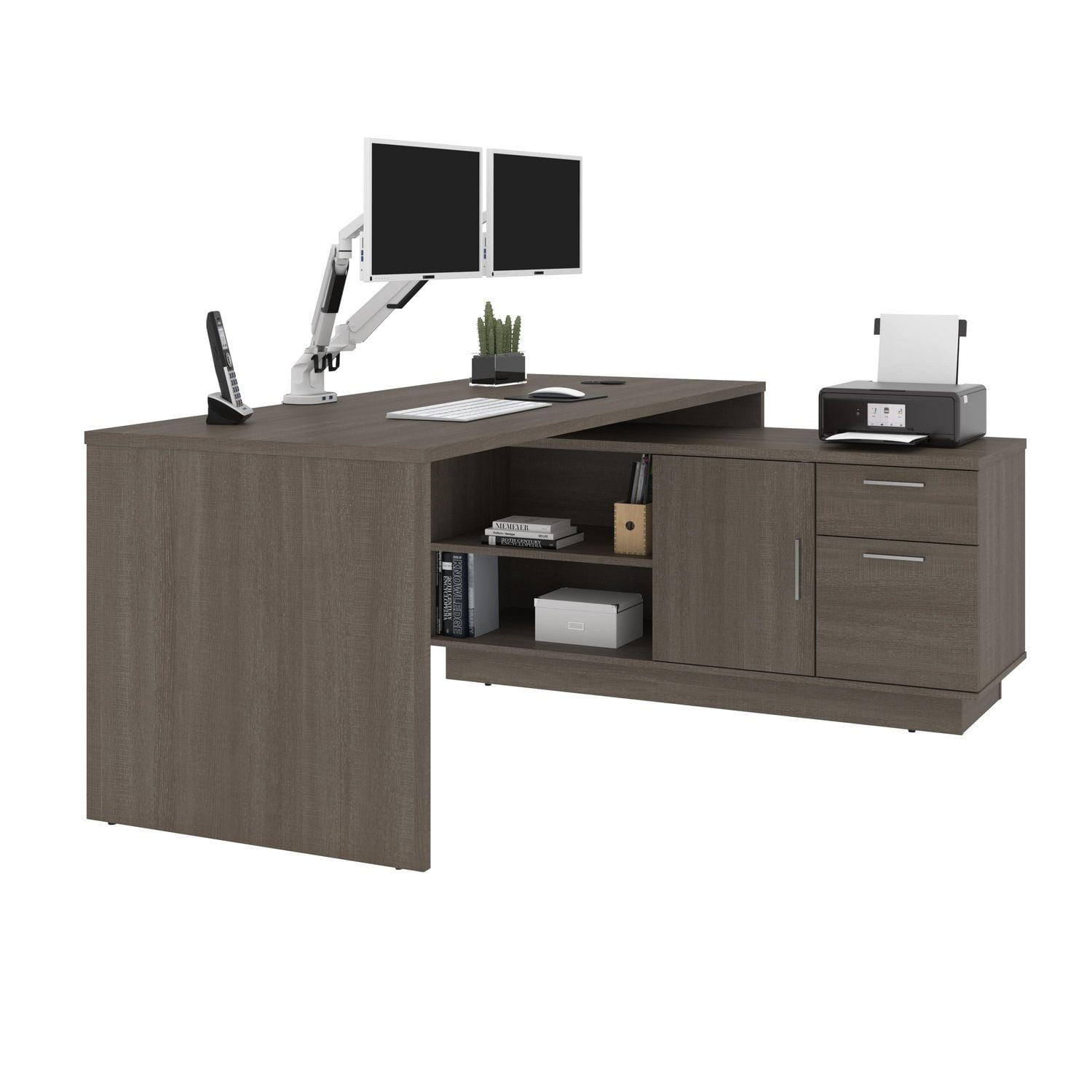 Bestar Equinox 72W L-Shaped Desk with Monitor Arms in bark grey & white