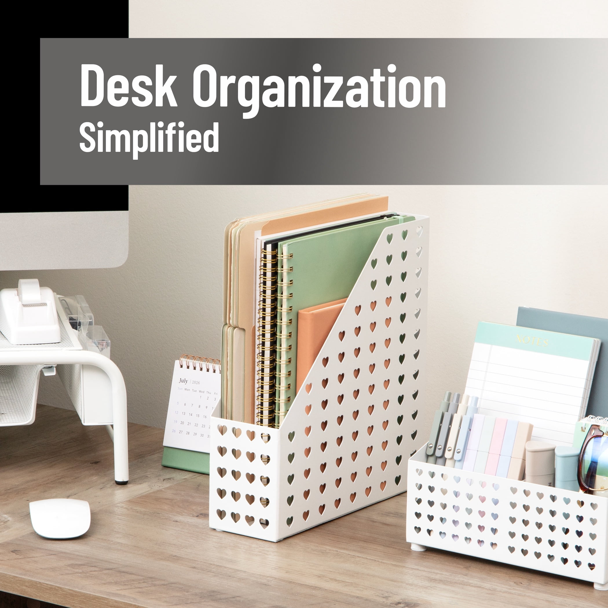 Mind Reader Metal Magazine Organizer with Heart Cutout, Vertical File Holder, White