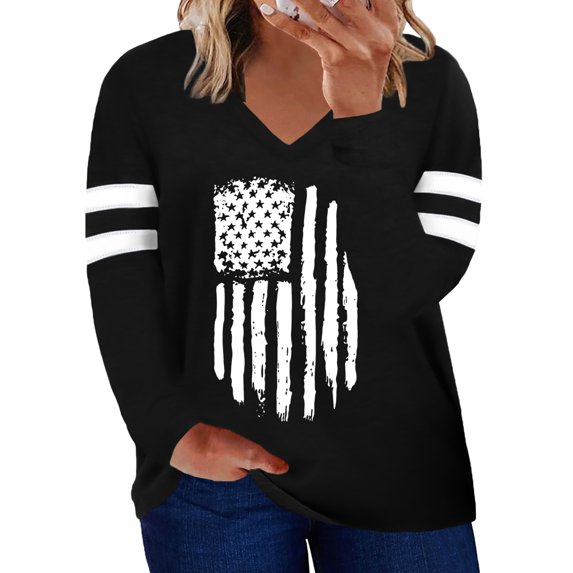Aleumdr Women's Plus Size Pullover V Neck Long Sleeve Black American Flag Graphic Blouse Tops 4XL