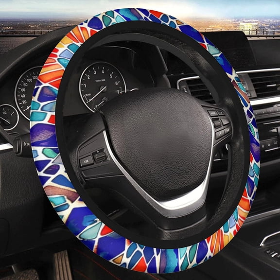 Car Steering Wheel Cover for Women Men, Non-Slip Breathable Steering Wheel, Colorful Mosaic Print Steering Wheel Protector, Car Accessories, Universal 14" 02/2-15" Fit Auto, Suvs