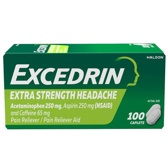Excedrin Extra Strength, Acetaminophen 250mg, Aspirin 250mg, Caffeine 65mg, Pain Reliever Caplets for Headache Relief, 100 Count