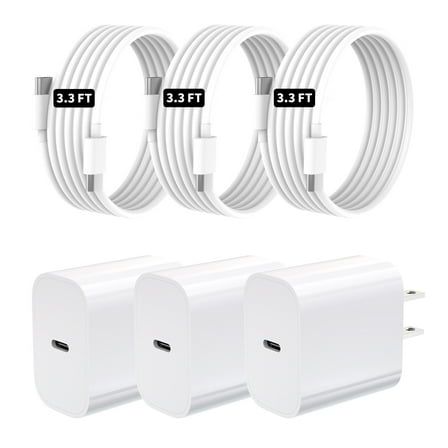 TOPADRE 3-Pack 20W Fast Charger with USB-C to USB-C Cable, PD Wall Adapter, Compatible with iPhone 15/16 (White)