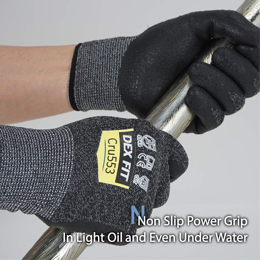 Dex Fit CRU553 BlackGrey Level 5 Cut Resistant Gloves (Power Grip, Durable Foam, Large) - 3 Pair